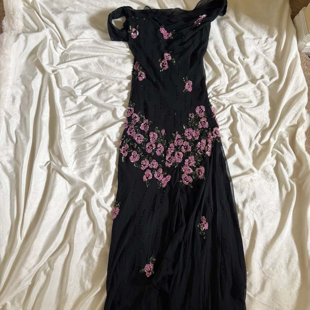 Cartise Couture Black Silk Beaded Floral Embroidered Off-Shoulder Maxi Dress - Picture 2 of 6